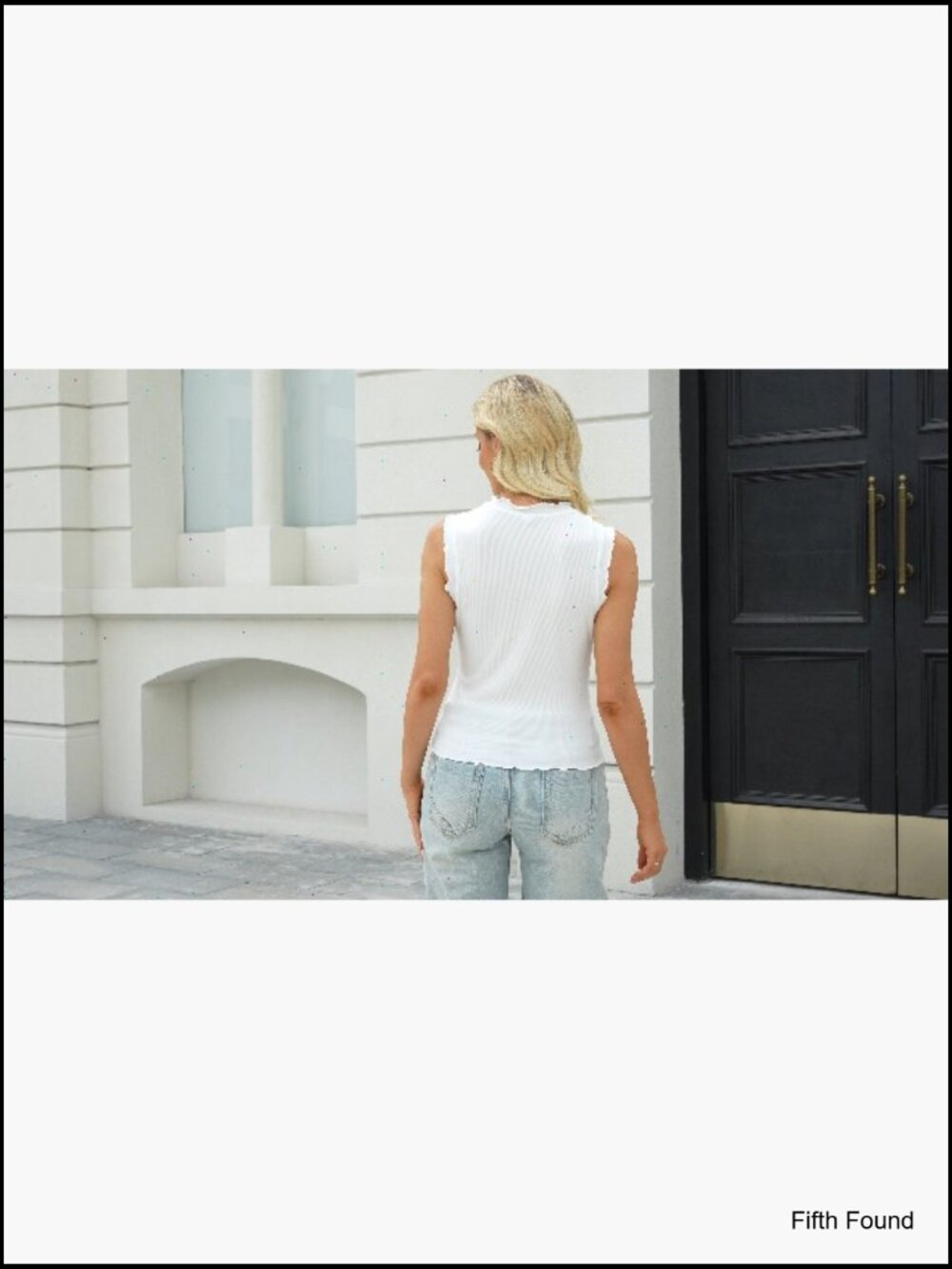 Sleeveless Ribbed Knit Tank Top Crew Neck Ruffle Trim Slim Fitted Summer Staple - Picture 6 of 7